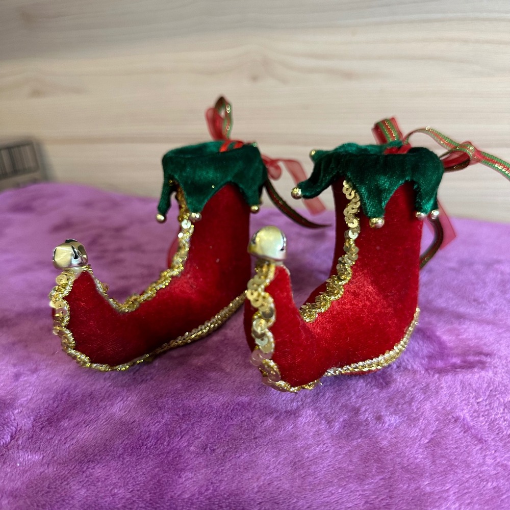 Christmas Elf Boot Ornaments Red Green Jingle Bells Sequins Set of 2 - Picture 3 of 6